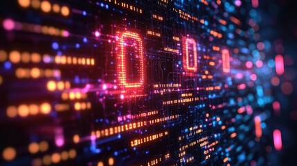 Digital Display Depicting Binary Code and Futuristic Abstract Technology