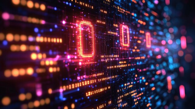 Digital Display Depicting Binary Code and Futuristic Abstract Technology