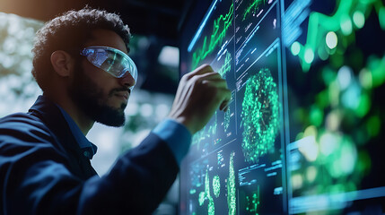 A data scientist developing predictive analytics models for climate change forecasting, tech office with climate data, machine learning algorithms