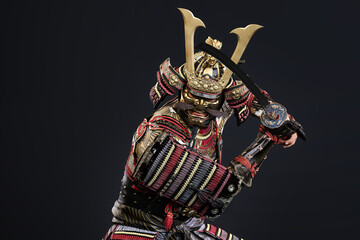 Samurai Warrior in Battle Pose with Sword Drawn, 3D illustration.