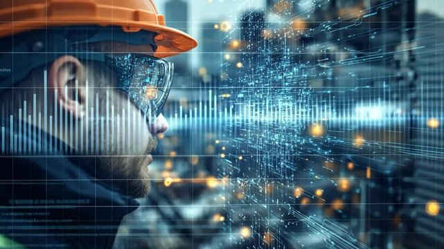 Sound Analysis: An engineer, wearing a safety helmet and spectacles, analyzes an audio spectrum, with a cityscape background suggesting a complex urban setting and sounds.