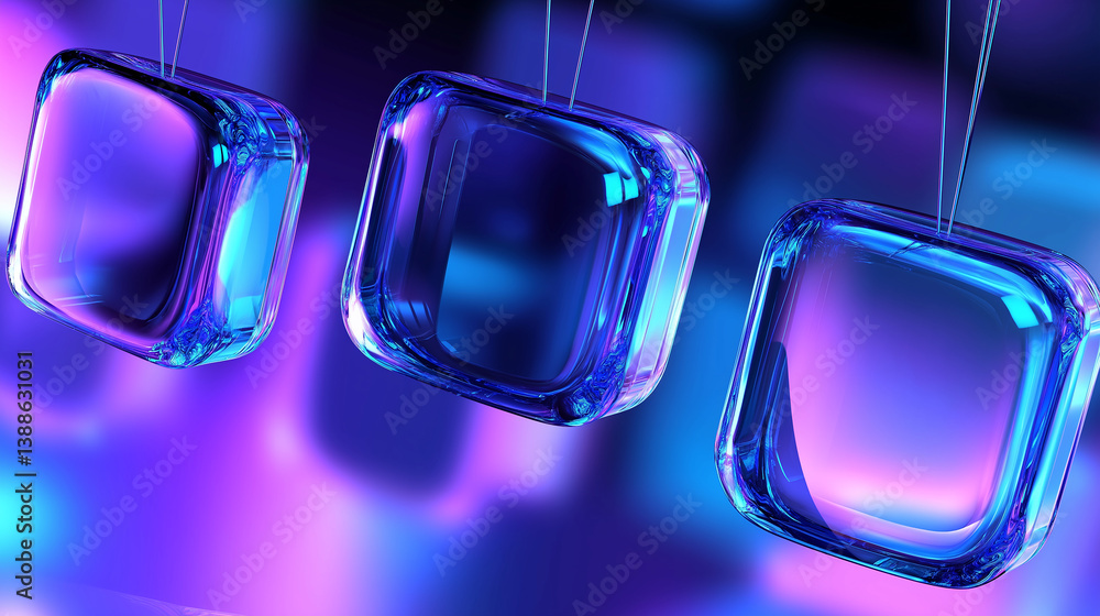 Poster three empty glass cubes hanging on strings with neon lights reflecting on their surface