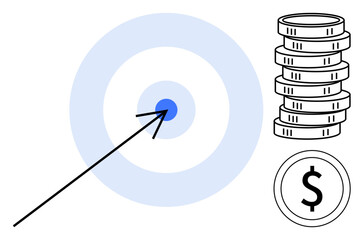 Arrow hitting blue target center alongside coin stacks and dollar sign conveys financial goals, strategy, and success. Ideal for business growth, marketing, investment, savings, goal setting