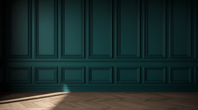 Classic interior design featuring empty room with deep green wall paneling and parquet floor