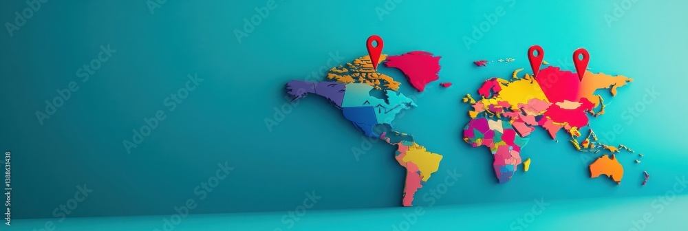 Poster colorful travel map displaying destinations marked with bright pins in a modern digital aesthetic
