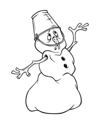 A sad melting snowman with a bucket on his head and a carrot that has fallen off raises his eyes to the sky with a plea. Spring has come. Hand-drawn black and white outline illustration for coloring