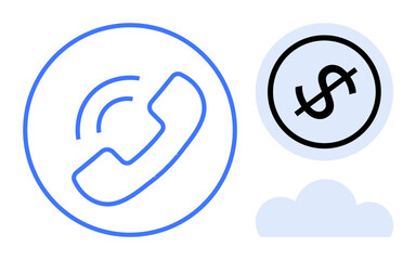 Phone call icon with sound waves, dollar sign inside a circle, and cloud below suggesting communication, finance, technology. Ideal for business, support, payment, cloud tech telecommunication