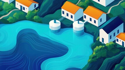 Innovative water management technology coastal village infographic natural environment aerial view science impact