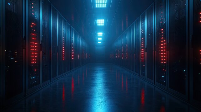 Modern data center hallway with rows of server racks and lights