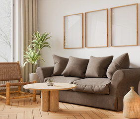 Frame interior, mockup frame, poster wood living room in empty picture interior in illustration 3d render