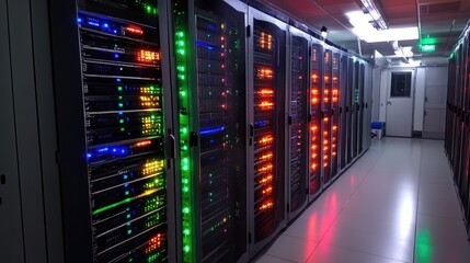 Naklejka premium A server room with rows of servers lit up with colors