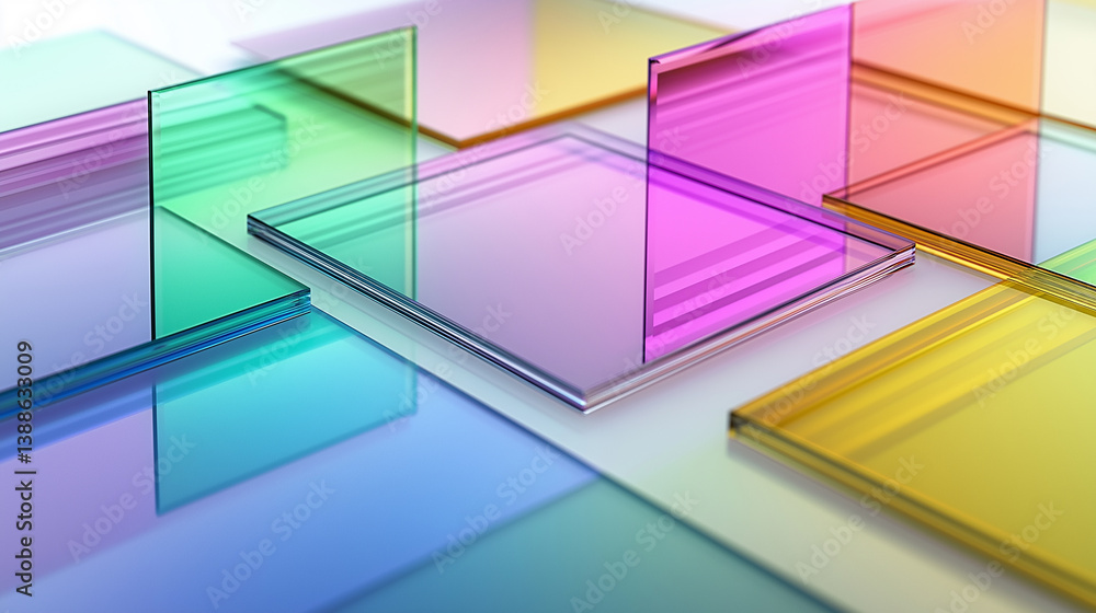 Poster colorful glass panels creating abstract composition on white background