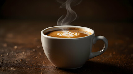 Steaming Latte Art Coffee Cup Brown Background