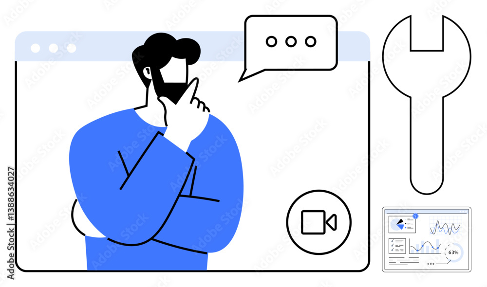 Poster man thinking inside a video call interface with speech bubble, wrench, and analytics screen. ideal f