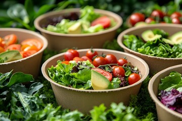 Fresh, vibrant vegetable salads in brown bowls