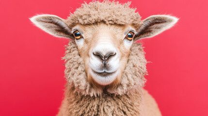 Fototapeta premium Fluffy sheep with charming expression on red background