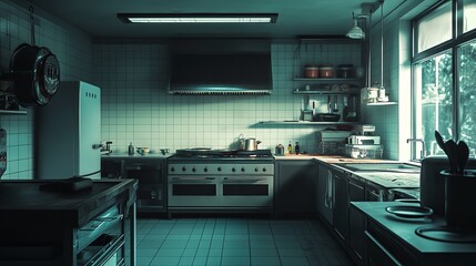 Restaurant kitchen interior. Commercial hotel industry furniture for food preparation and serving