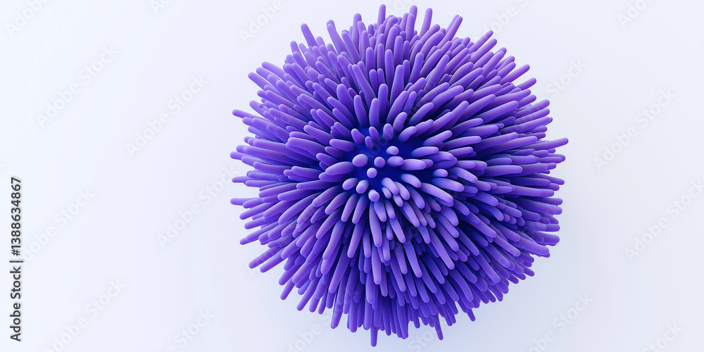 Poster Purple sphere covered with soft spikes creating an abstract design on white background