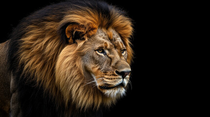 Fototapeta premium Majestic lion with flowing mane against dark background