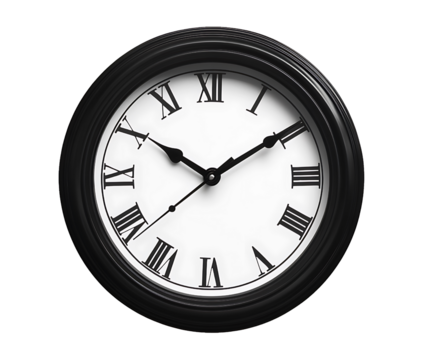 classic round wall clock with black numerals and hands isolated on a white or transparent background.