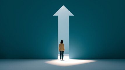Businesswoman walking towards arrow shaped door representing future success