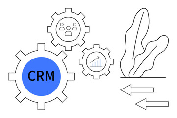 CRM gear alongside user and graph gears, arrows symbolizing exchange, abstract leaves for balance. Ideal for business tools, workflow, analytics, collaboration, growth, automation flat simple