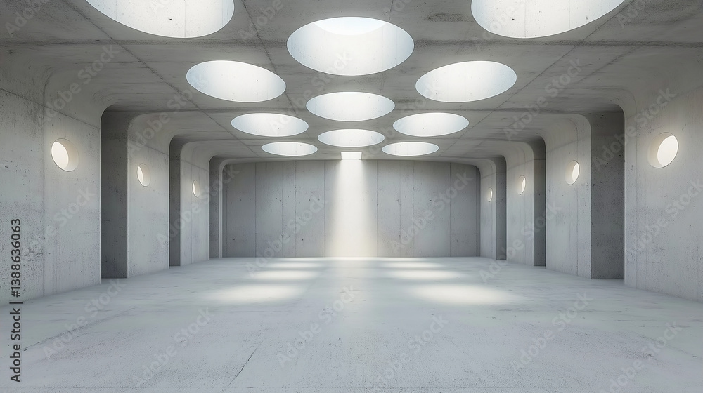 Aufkleber Light beams entering modern empty concrete building through circular openings