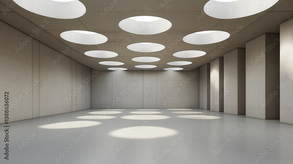 Poster Empty concrete room with round ceiling openings illuminating interior space
