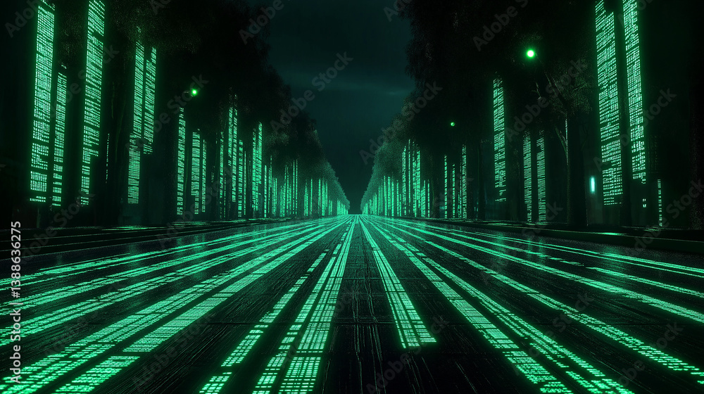 Poster Digital road running through matrix city with green binary code at night