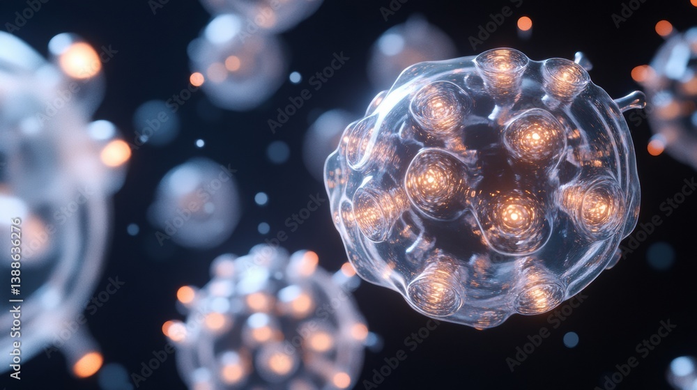 Poster intricate view of adeno-associated virus capsid with illuminated molecular bonds in cellular fluid e