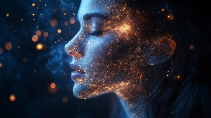Profile of woman, golden specks, serene. Dark background, ethereal lighting