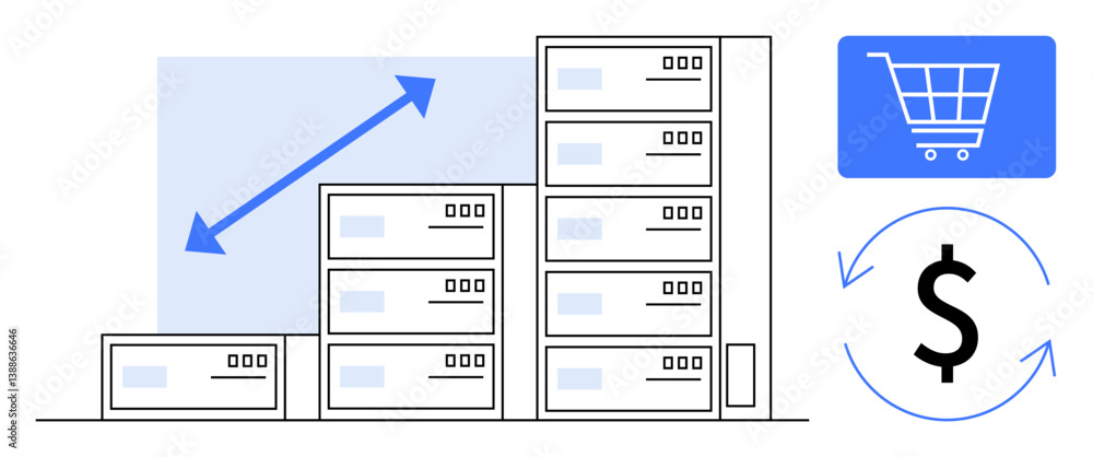 Poster stacked boxes with upward arrow showing growth, cart icon, dollar sign with circular arrows. ideal f