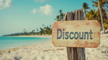 Golden ticket with discount offer placed on tropical beach,hotel concept of exclusive travel deals and vacation promotions, copy space for text and marketing message.