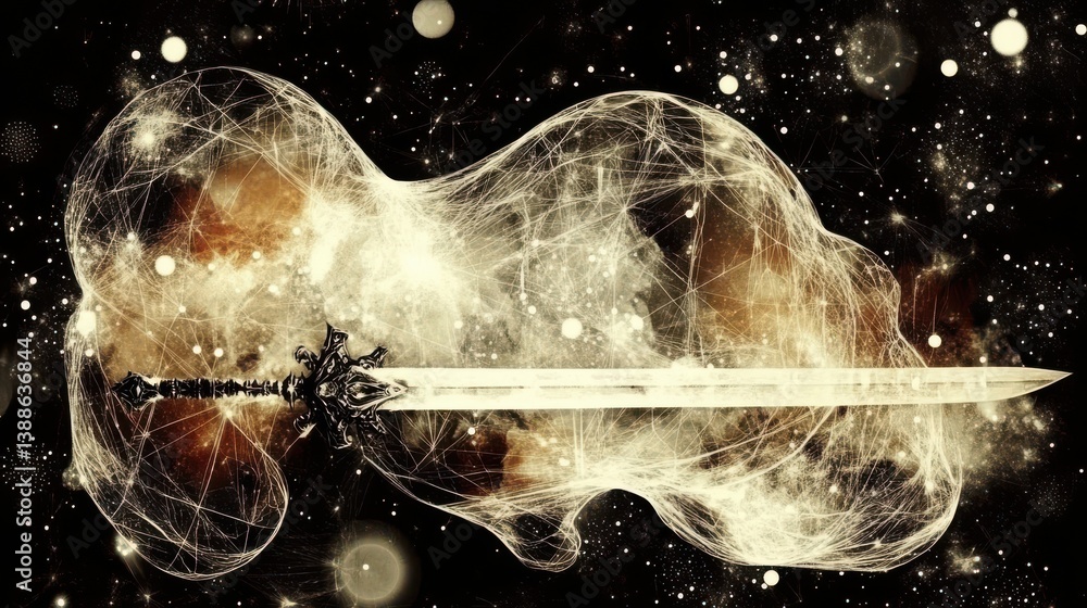 Poster ethereal sword in cosmic background with abstract galaxy and mystical design elements