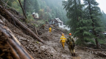 Emergency Response Team Assessing Mudslide Damage in Mountain Village