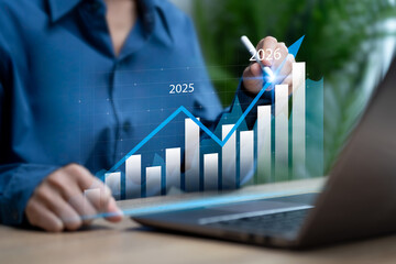 2026 Business growth and development chart Comparison growth between years concept, Businesswomen...