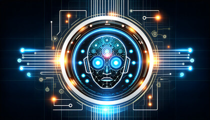 Fototapeta premium Futuristic Robot Head with Glowing Eyes in Digital Network Setting