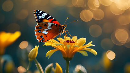 Butterfly on Yellow Flower in Warm Sunlight
