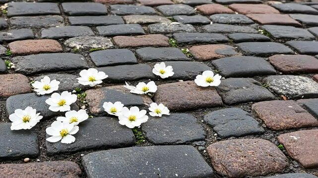 Cobblestone street, scattered white blossoms, spring, city background, texture