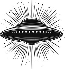 UFO hovering in the night sky, emitting beams of light cartoon isolated on transparent background. Vector illustration.
