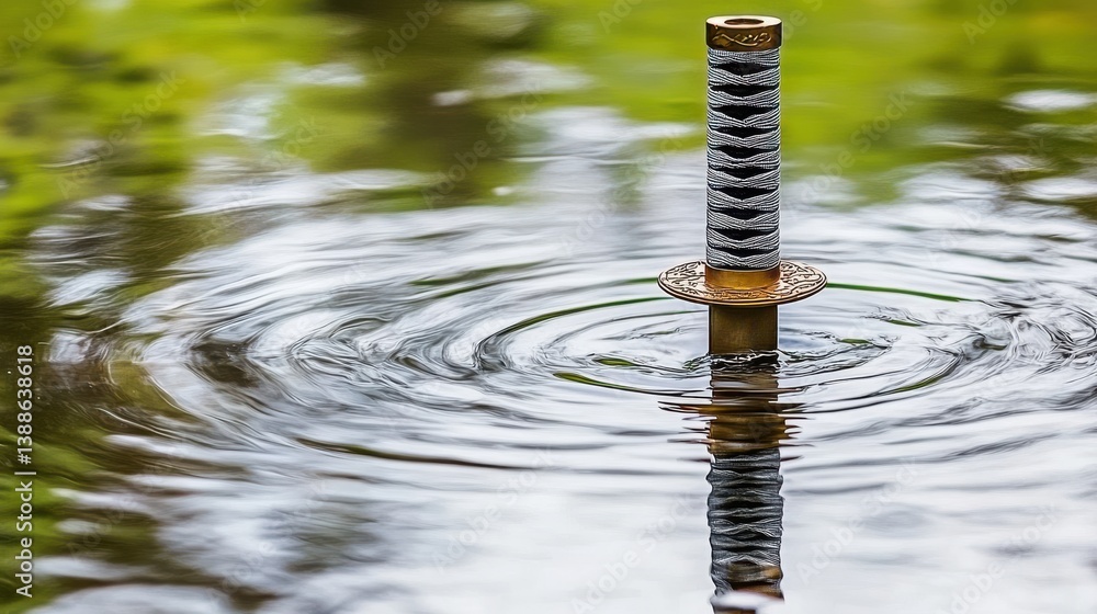 Poster sword handle rising from water surface with ripples and blurred green background in serene natural s