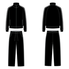 blank black tracksuit template vector tops and bottoms, front and back views