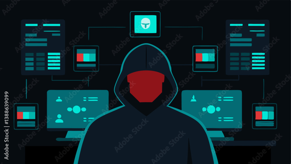 Poster hacker in dark room a silhouette of a person sitting in a dark room illuminated by multiple screens 