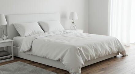 Serene bedroom featuring crisp white bedding in a minimalist, contemporary design