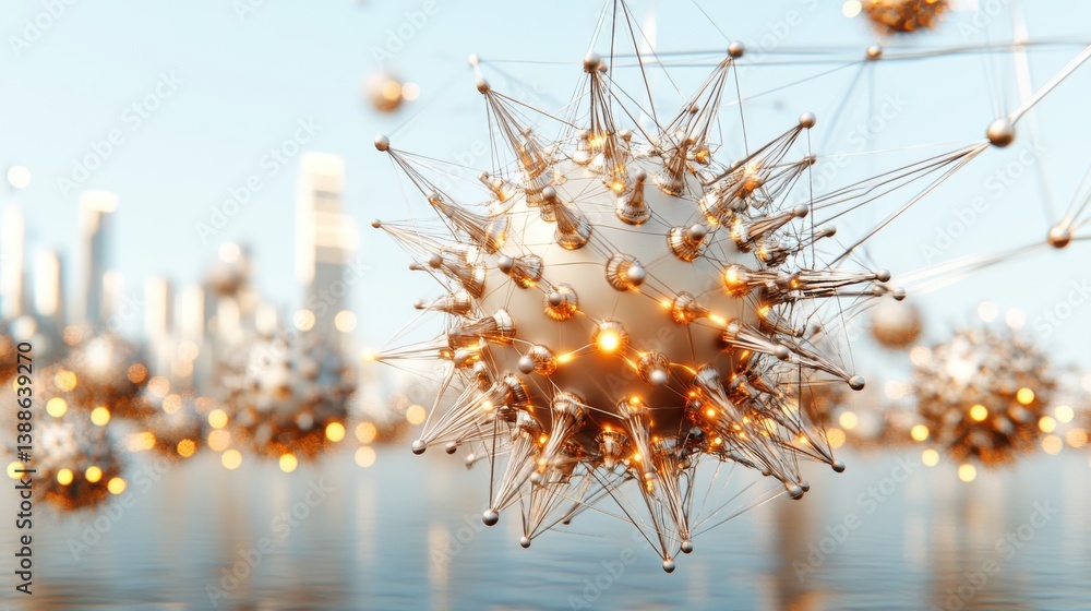 Poster abstract 3d illustration of virus-like structures with spiky formations in a digital landscape with 