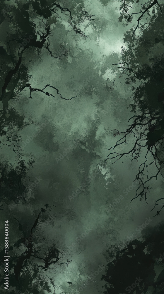 Poster a dark forest with trees and branches. the sky is cloudy and the trees are tall. scene is mysterious