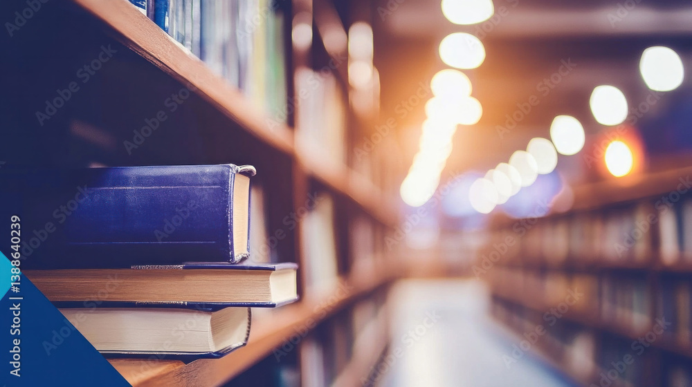 Poster a library with rows of bookshelves filled with books. a blue book is placed on top of another book, 