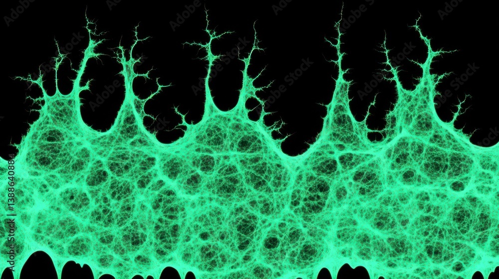 Poster abstract neon green fractal pattern with organic structures on black background for artistic and sci