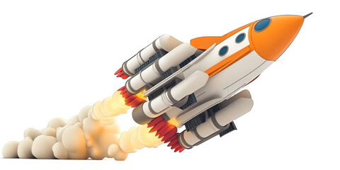Cartoon 3D Illustration Of A Rocket Launching With Orange And White Color Scheme On Isolated Background