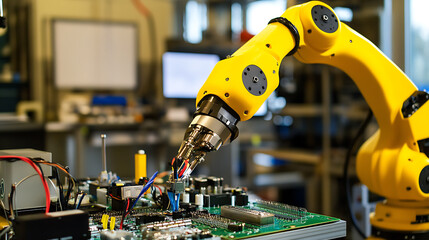 A robotic arm in an electronics factory, with circuit boards and electronic components in the background, Tech style